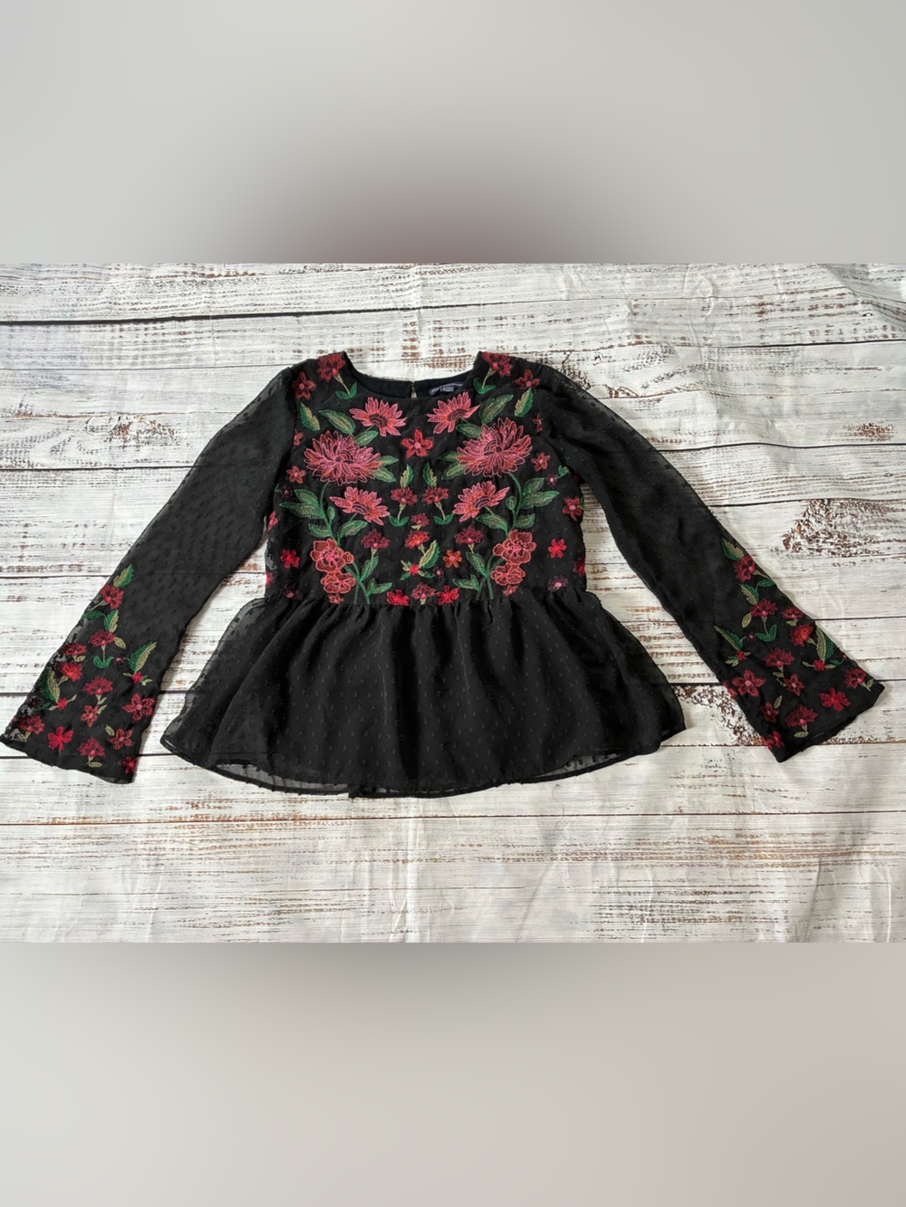 American Eagle Shirt Women’s XS Black Blouse Sheer Peplum Embroidered Flowers
